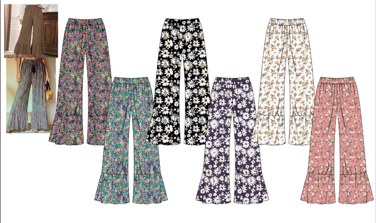 Floral loose trousers preliminary design draft